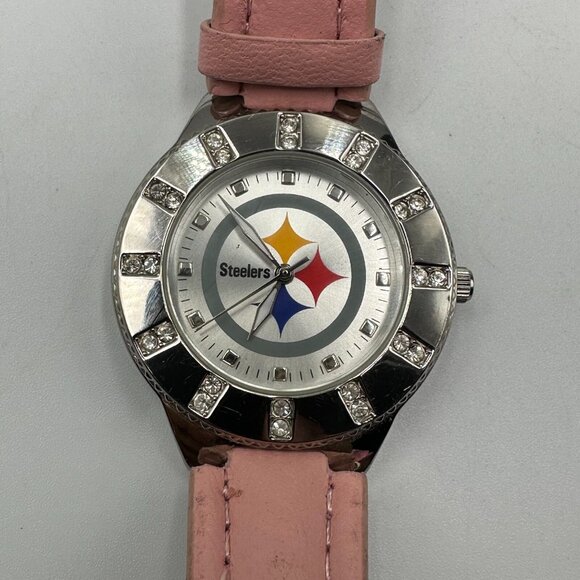 3/$30 Pittsburgh Steelers Watch Women Silver Tone Pink Band NFL Rhinestone Works - Picture 1 of 12